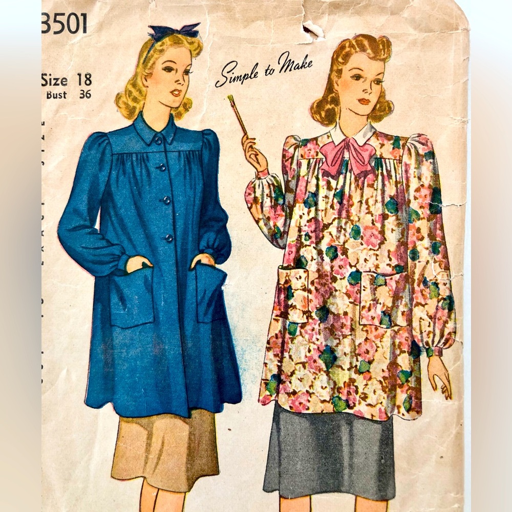 VTG 1940s Simplicity sewing pattern Easy to sew smock tunic maternity Full sleev